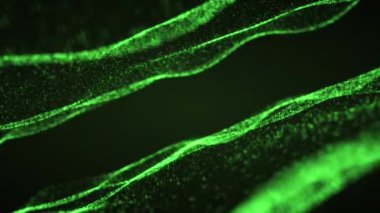 Koyu arkaplanda soyut yeşil dalgalar. Pürüzsüz ve pürüzsüz bir sıvı hareketi. Işıl ışıl yeşil parçacıklardan oluşan su dokusu yüzeyi. Fütürist yumuşak dijital veri akışı. Grafiksel simetrik l