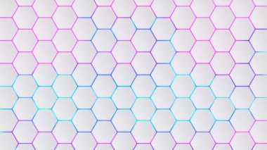 Beyaz arka planda altıgen deseni. Renkli bal petekleri hafif bir gradyan üzerinde. Geometrik dijital şekil. Bir eşekarısı yuvasının vektör doğrusal yapısı. Teknolojik temiz şablon. Beyaz duvar neonu