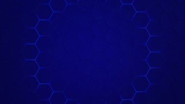 Mavi arka planda altıgen desen. Dijital gradyan üzerinde simetrik bal peteği yapısı. Dairesel neon renginin enerji atımı. Geometrik dijital şekil. Vektör doğrusal yapısı