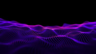 Siyah arka planda mor dalgalar. Dijital deniz, grafik manzara, tipografi haritası. Dalgalı alan. Bilim kurgu mikro dünyası. 3B döngü bg veri akışı kavramı. Işık saçan yüksek teknolojili mavi bir alan. Soyut