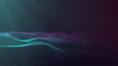 Dijital mavi pembe dalgalar. Dalgalı morumsu turkuaz gradyan. Döngüsel grafik peyzaj. Dalgalı alan. Bilim kurgu mikro dünyası. Soyut veri akışı kavramı. Parlayan İHA ile odaklanmış alan. Mavi kırmızı arkaplan
