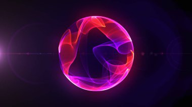 soyut uzaylı dijital küre dalgalı gradyan şekiller ve çizgilerden oluşur, neon kırmızısı, mor, pembe tonlarda mavi eğimli arkaplan.