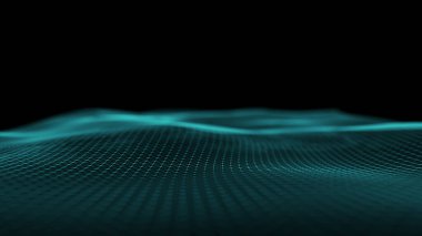 Odaklanamayan yeşil siber dalgaların soyut titreşimleri. Parçacıklar ve noktalar karanlık bir arkaplanda dalgalar halinde hareket eder. Dijital bulanık manzara. Dijital dağlar, Sıvı kum çölü. Parlak bir ufuk.