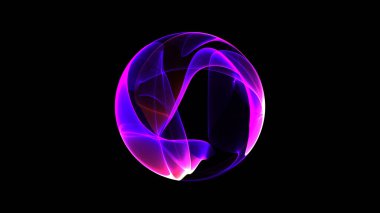Siyah bir arkaplanda neon mor renkte, dalgalı eğimli şekil ve çizgilerden oluşan basit, temiz ve soyut bir yabancı kürenin üç boyutlu canlandırması. Modern neon lazer topu. Pembe 'den esinlenilmiş arkaplan