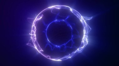 Mavi neon küre siyaha enerji yayar. Atom bölümü, mor-mavi-beyaz ışık; pürüzsüz ışınlar dairesi. Fen bilgisi, fosfor elementi. Nano top.