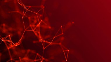 Kırmızı pleksus etkisi. Kırmızı arkaplandaki nokta ve çizgilerin soyut bağlantısı. Kırmızı parçacıklar ve çokgenler yavaşça uçar, dijital verilerin gelecekteki dokuması. Sinirsel ağlar. Kesişme