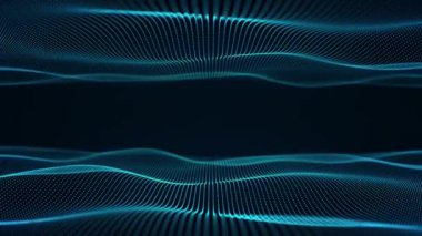 Paralel mavi dalgalar. Mavi simetrik dalgalar, dijital arkaplan. Sıvı, pürüzsüz bakır formunda pürüzsüz hareket. Parlayan turkuaz parçacıklardan oluşan su dokusu yüzeyi. Gelecekçi döngü
