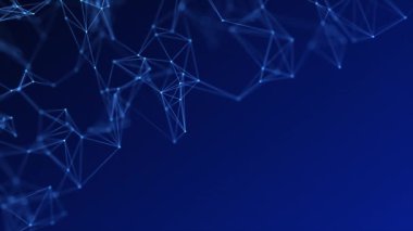 Moleküllerin mavi kimyasal pleksi. Mavi parçacıklar çizgilerle bağlandı. Simetrik bilimsel arka plan. Moleküler formülün yarısı boş. Elementlerin döngülü yapısı. Teknoloji mavisi