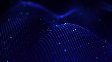 Mavi dış uzay. Döngülü dalgalı arka plan. Işık saçan bilgi parçacıklarının pürüzsüz sıvı hareketi. Çizgili bilimsel, teknolojik altyapı. Dijital mavi su manzarası. Bilim kurgu.,