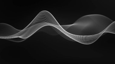 Siyah arka planda beyaz dalga. Gri renkli vektör dalgası. Doğrusal dalga, grafik şekil akışı. Dijital monokrom, siyah beyaz arka plan. Duman çizimi. Pürüzsüz su seviyesi. Bilim kurgu, 4K