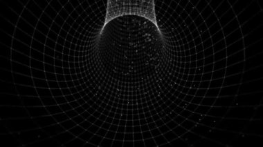 Dijital siyah tünel. Siyah zemin üzerinde uçan parçacıklarla beyaz çizgili bir tünel. Geometrik koridor tek renkli. Doğrusal nokta portalı. Döngülü atlama sicim teorisi.