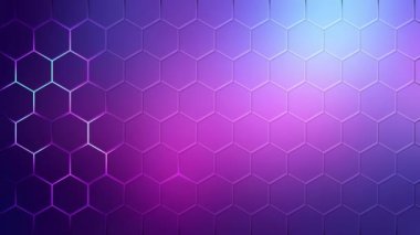 Neon parıltılı çok renkli altıgenler. Modern renkli geometrik boş şablon. Mavi pembe altıgen arka plan. Bal peteği gradyan arkaplanı. Altı kenarlı figürlerin yeni oyun modelini göster. Izgara