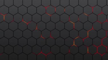 Kırmızı parıltılı siyah altıgenler. Bal petekleri ve kırmızı lavların siyah arkaplanı. Geometrik şekil deseni. Sıcak magmanın altı kenarlı figürlerin arka planı. Şebeke seti. Duvar çokgeni.