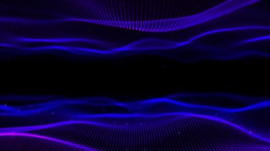 İki mavi ayna dalgası. Uçan parçacıklarla simetrik dalgalı arka plan. Parlayan mor yansıma parçacığında dalgalı ağ çerçevesi. Soyut dalgalı döngü arka planı. Büyük veri, fütüristik arkaplan.