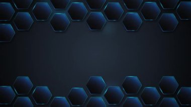 Neon parıltılı mavi altıgenler. Altıgen çerçeve, geometrik boş şablon. Bal peteği gradyan arkaplanı. Altı kenarlı figürlerin oyun düzeni. Şebeke seti. Duvar çokgeni. Giriş, Ekran Koruyucu.