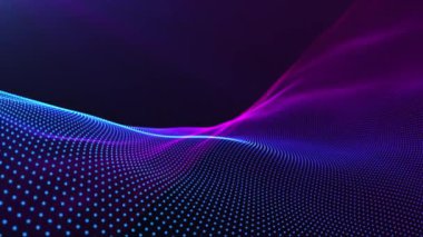 Soyut dalgalı hareket. Bulanık eğimli dalgalar. Mor parlak enerji partikülleri ışık çizgileri ve dalga arkaplanı. 4k, döngü, 60 fps.