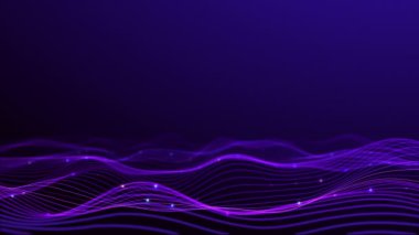 Parlak mor mor mavi dijital manzara parçacığı. Kripto para birimi, blok zinciri, dijital teknoloji konsepti. Üç boyutlu görüntüleme. Çok renkli bilgi parçacıkları. Soyut döngülü arkaplan.