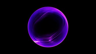 Karanlık bir arkaplanda parlayan parlak pembe ve mavi parçacıklardan oluşan soyut ışık küre. Enerji topu parlak noktalar küre. Küresel bir kürenin mor hareketi. Kusursuz 4k döngü videosu.