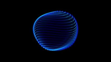 İzole edilmiş arka planda mavi sıvı küre. Siyah arka planda parlayan neon bir top. Soyut doğrusal küre döngüye girdi. Işıl ışıl dijital su damlası. Holografik parlayan mavi 3D top 4k, 60fps.