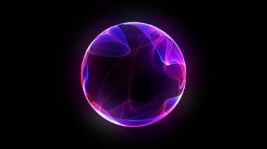 Mor lazer küresi. Pembe ve mavi parçacıklardan oluşan parlayan bir top. İzole edilmiş arkaplan döngüsünde Magenta mor küresi. Nöron fütüristik 3D küre. Parlak enerji küresi. Yapay Zeka