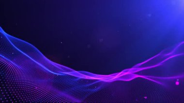 Soyut gradyan parçacık dalgaları pürüzsüz bir şekilde yumuşak ışık ve bokeh ile akıyor. Fucsia pembe ve neon mavi dijital dalgalar. Teknoloji, mühendislik, bilim ve yapay zeka arka plan döngüsü.
