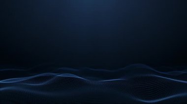 Mavi zemin, siber, büyük veri görselleştirmesi, fütüristik ve teknolojik, 3D, 4K, kusursuz döngü üzerinde parçacık ve noktalardan oluşan soyut parlayan dijital mavi dalga.