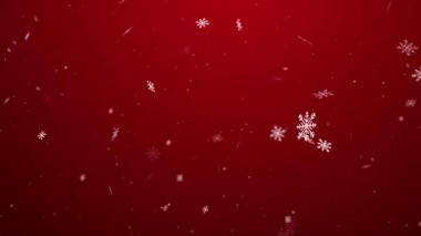 Kırmızı duvara kar taneleri düşüyor. Kırmızı arka planda konfeti kar taneleri ve Bokeh ışıkları. Yeni yıl 2025, Mutlu Noeller, bayram kış karı, dijital olarak şenlikli bir zemin oluşturdu. 60 fps, 4k.