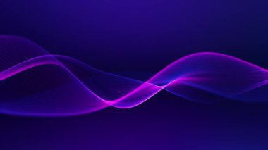 Arkaplanda mor dalga var. Vektör dalga ışıltılı rengi döngüye sokuyorum. Yavaş çekim doğrusal dalga grafiksel şekli. Video için dijital macenta mavi sıvı maketi. Duman çizimi. 60 fps, 4k.