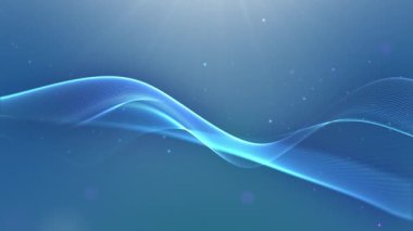 Açık mavi zemin üzerinde hareket eden noktalar ve çizgiler olan parlak neon mavi dalga. Bilgi dönüşümü. Soyut dijital sıvı pürüzsüz. Hassas bir arka plan. Sevgililer Günü. Kavramsal bağlantı büyük veri