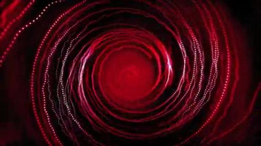 Kırmızı tünel bağlandı. Dairelerin kırmızı arka planı uçar. Yüksek teknoloji, bilim kurgu kırmızı arka plan. Kırmızı parlak çizgilerin dalgalı spiral dönüşleri. Kırmızı siber uzay. Radikal çemberler yavaş hareket eder. HD, 4K, 60 fps.