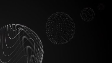 Grafiksel küre şekilleri. Gezegenler geçidi. Siyah arka planda küreler. Siyah ve beyaz vektör çemberi, tek renkli topların farklı dokuları. Yuvarlak geometrik şekiller. İzole edilmiş arkaplan döngüsü.