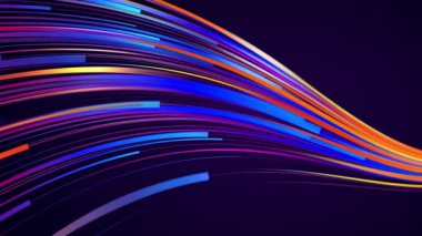 Animasyon ışıldayan hız çizgileri devrede. Eğri neon çizgiler. Ultraviyole spektrumda parlayan çok renkli sanal kurdelenin soyut animasyon arkaplanı. Dijital veri. HD, 4K, 60 fps.