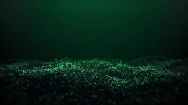 Parlayan mavi toz parçacıkları salınır. Yeşil siber uzay parçacığı. Koyu yeşil arka plan nane taze şablon, yeşil arka plan modeli. Bilim geçmişi. HD video döngüsü, 60 fps.