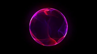 Soyut kırmızı küre. Kırmızı ve menekşe parçacıkları küre. Enerji küresi hareketi grafiği. Parlak parlayan 3D küre. İçinde girdap etkisi olan renkli bir küre. 4K döngüsü. duman topu.