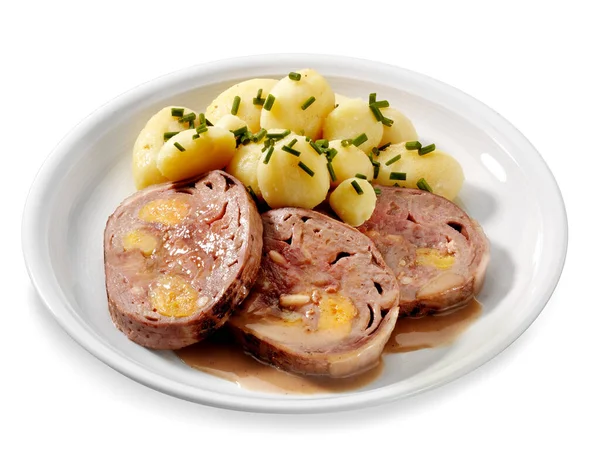 Plate Stuffed Beef Slices Served Potatoes 免版税图库照片