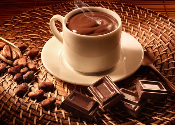 Cup Hot Chocolate Cocoa Grains Warm Background Stockbild