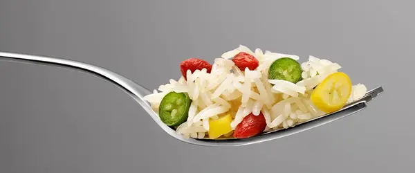 Fourchette Avec Salade Riz Basmati Vue Rapprochée Images De Stock Libres De Droits