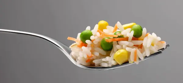 Garfo Com Salada Arroz Branco Vista Perto Imagem De Stock