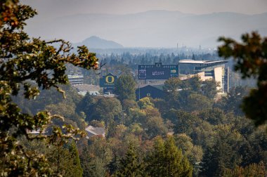 Skinner Butte 'dan Autzen Stadyumu ve Willamette Vadisi' nin sıcacık bir sonbahar gününde manzarası.