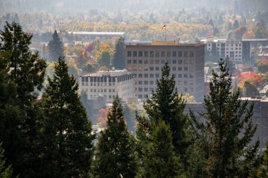 Sıcak bir sonbahar gününde Skinner Butte 'tan Oregon, Eugene şehir merkezi manzarası.