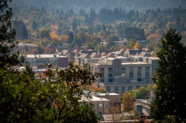 Sıcak bir sonbahar gününde Skinner Butte 'tan Oregon, Eugene şehir merkezi manzarası.