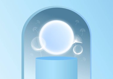 Ürün mavi tonda durur, ayna ışığı ve karahindiba Flewer ile süslenir..