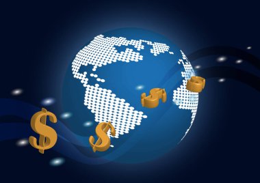 Dünya arka planında dolar işareti akıyor.