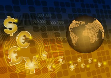Dolar işareti dünyaya akıyor, soyut arkaplan.