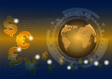 Dolar işareti dünyaya akıyor, soyut arkaplan.