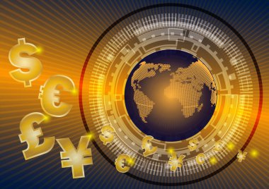 Dünya 'ya para işareti akışı, soyut arkaplan.