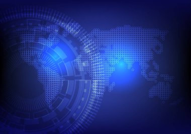 Teknoloji tekerindeki dünya haritası, teknoloji arka planı