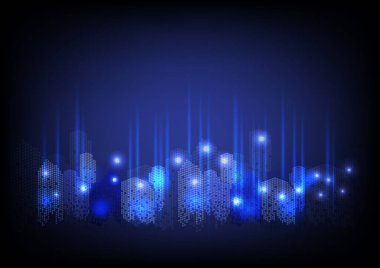 Karanlık gece arka planında ışıkta parlayan modern şehir manzarası.