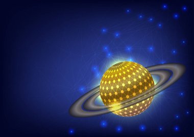 Ağ üzerinde satürn ve uzayda çokgen arkaplan.