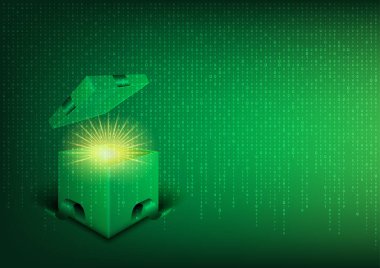 Hediye kutusu açıldı, ışık ve yıldız tozu yayıldı, dijital kod arka planı.